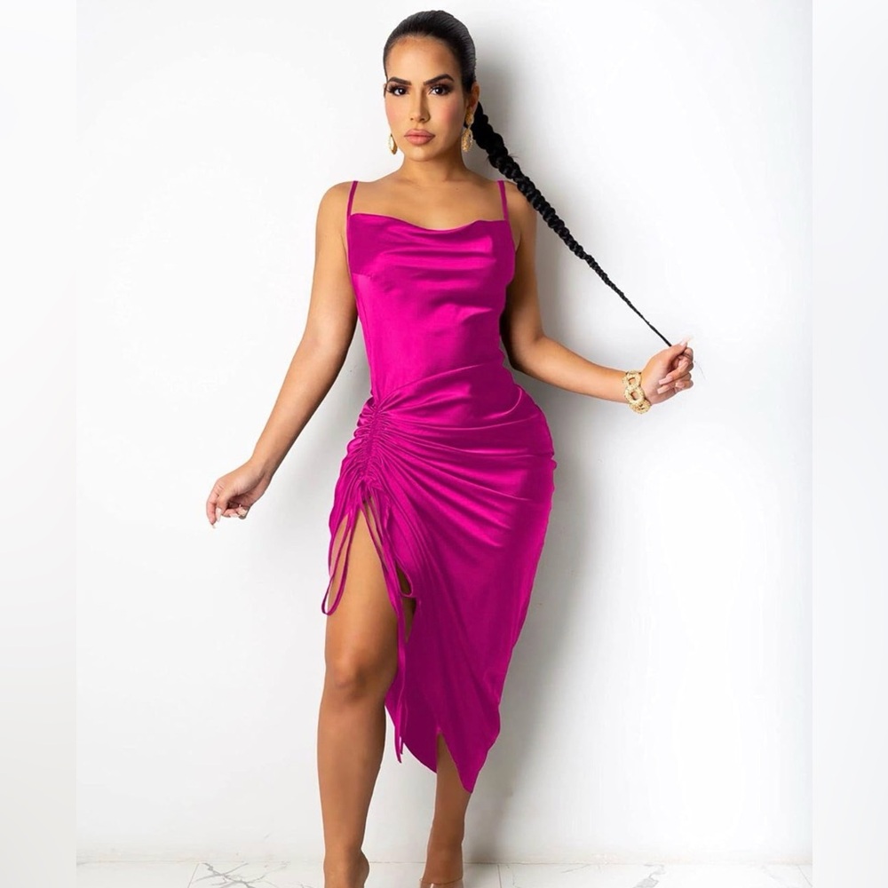 Spaghetti Strap Satin Dress Sexy Backless Drawstring Ruched Cocktail Party